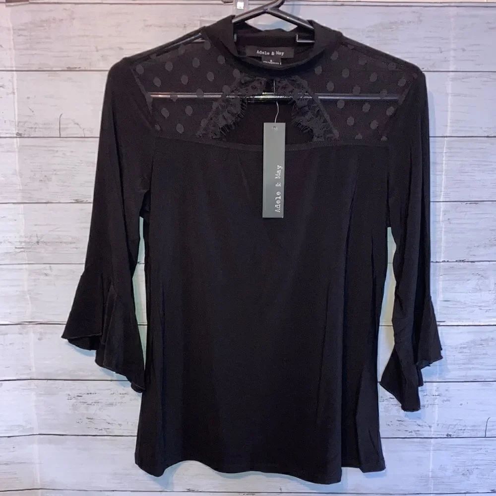 Women’s Keyhole Mesh Top Blouse Top Shirt With 3/4 Sleeve & Ruffled Cuffs Size S